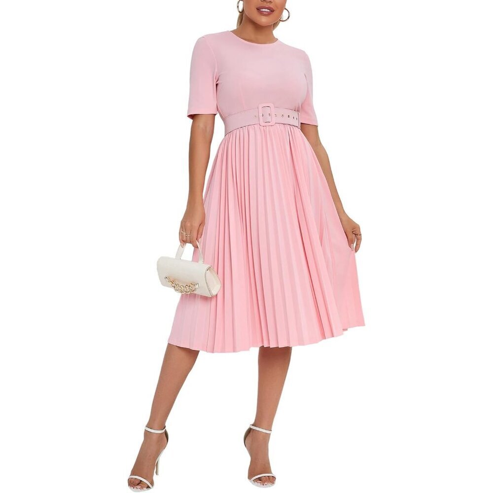 Women's Pleated Polyester Dress Short Sleeve Maxi with Belt for Party